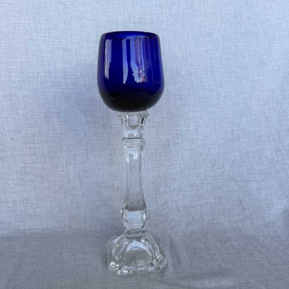 Vintage Cobalt Blue Glass Chalice Goblet 12" Tall Clear Geometric Stem MCM Art